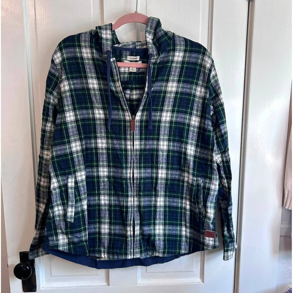 L.L. Bean Flannel Hoodie Womens Large Green Blue Plaid Relaxed Fit Zip Up